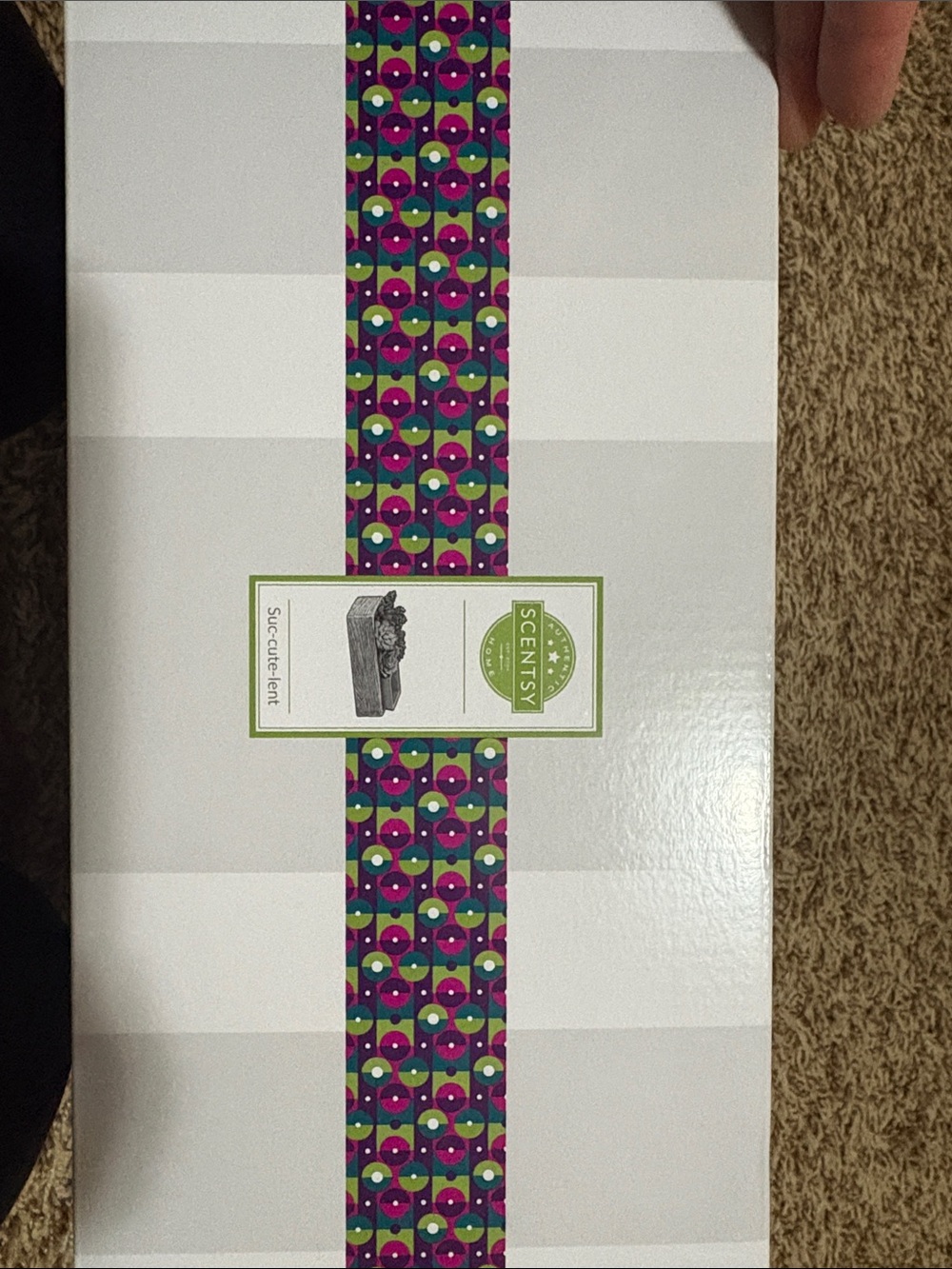 Scentsy White Box with Green, Purple, Blue and Pink Patterned Band